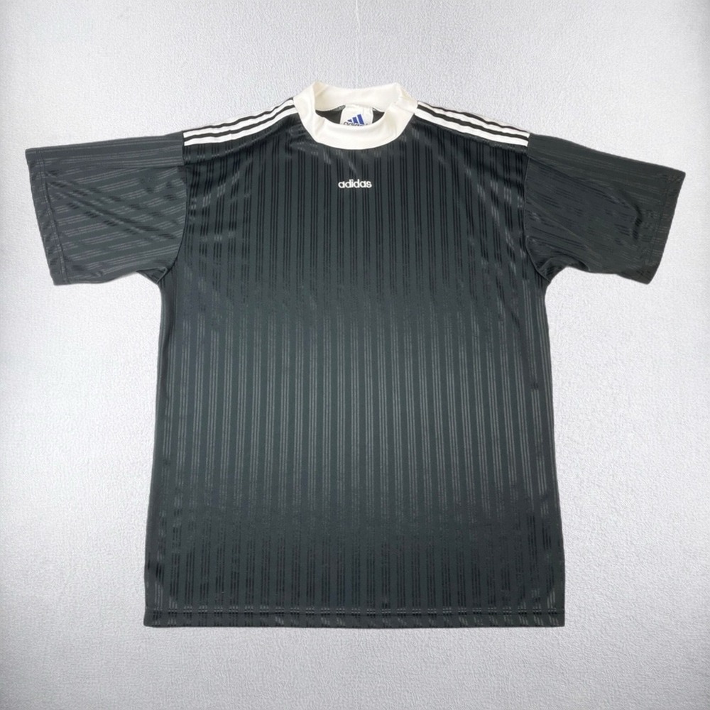 Adidas Shirt Mens XL Black Stripe Mock Neck Short Sleeve Soccer Jersey Vintage